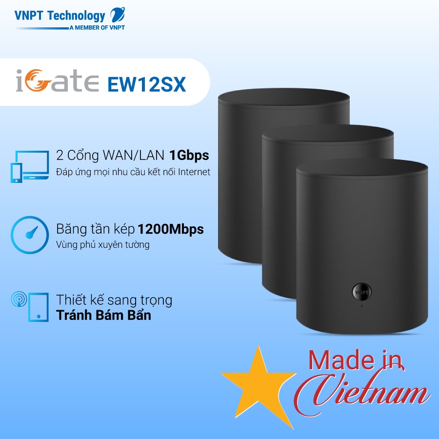 Hệ thống Wifi Mesh VNPT Technology (3-pack) Chuẩn AC 2 băng tần dành cho gia đình iGate EW12SX