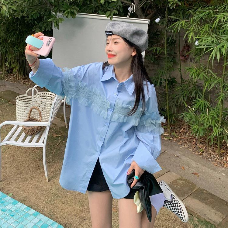 Áo Kiểu Hồng Kông Tay Dài Phối Bèo Thiết Kế Dễ Phối Đồ