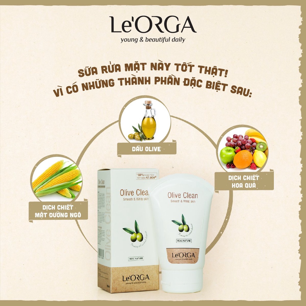 Sữa Rửa Mặt Le'Orga Quả Oliu - Gel làm Sạch Sâu Mềm Mịn, Cho Da Dầu, Mụn, Khô, Hỗn Hợp | BigBuy360 - bigbuy360.vn