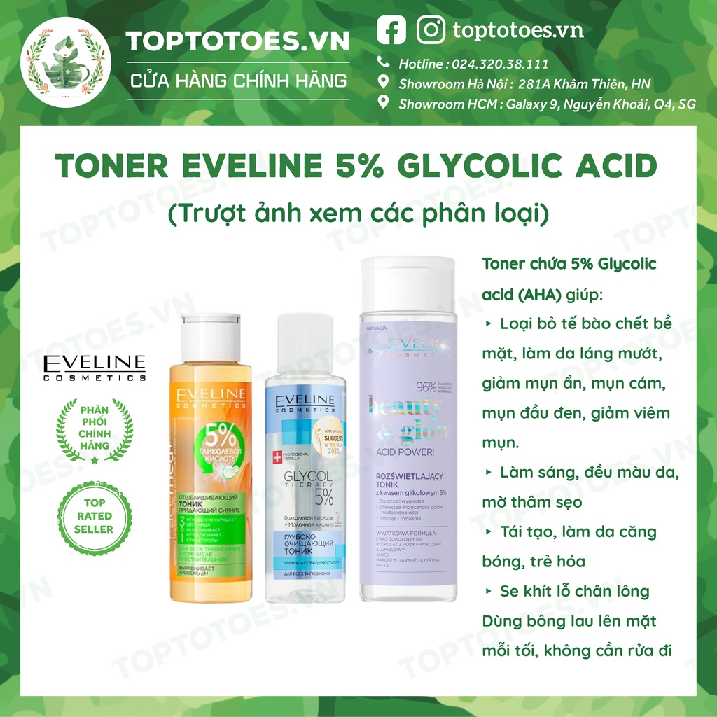 Toner Eveline 5% Glycolic acid làm da căng bóng, sáng mịn, mờ thâm sạm