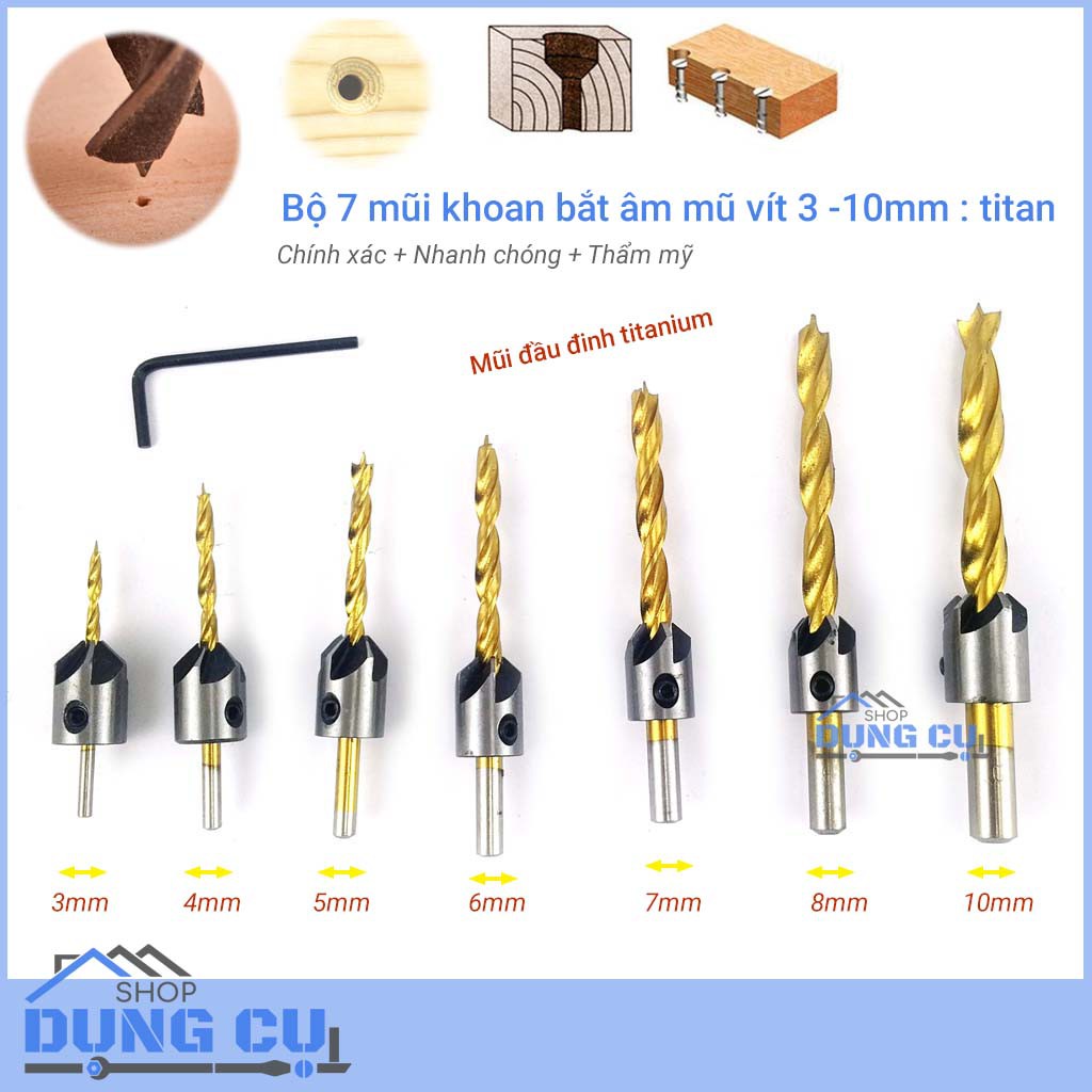 Bộ 7 mũi khoan gỗ đầu đinh bắt âm mũ vít phủ titanium