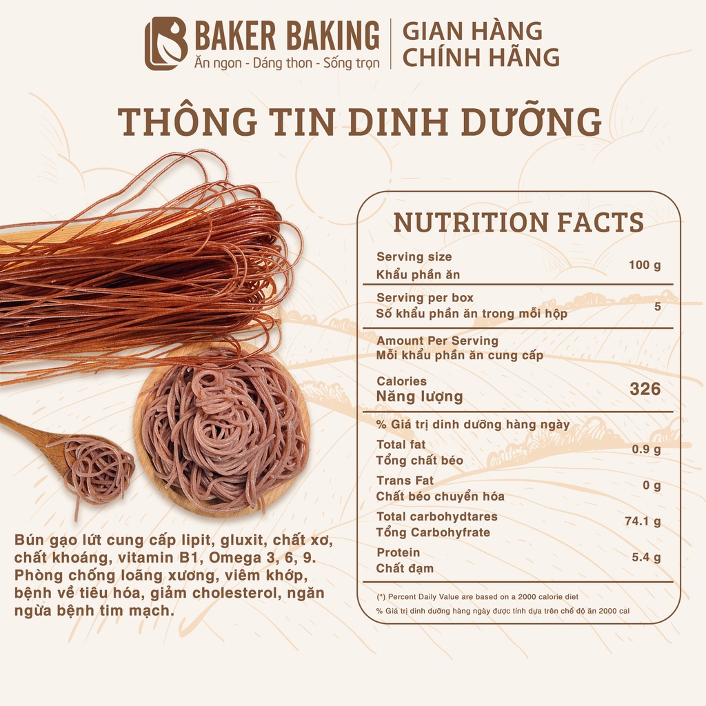 Bún gạo lứt đỏ thực dưỡng Baker Baking tốt cho mẹ bầu, em bé, người ăn kiêng, eatclean, người tiểu đường 500g