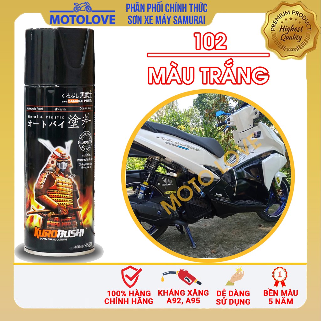 [Mã LIFEXANH03 giảm 10% đơn 500K] Sơn samurai trắng mã màu 102 dạng sơn xịt cao cấp dùng cho sơn xe máy, ô tô