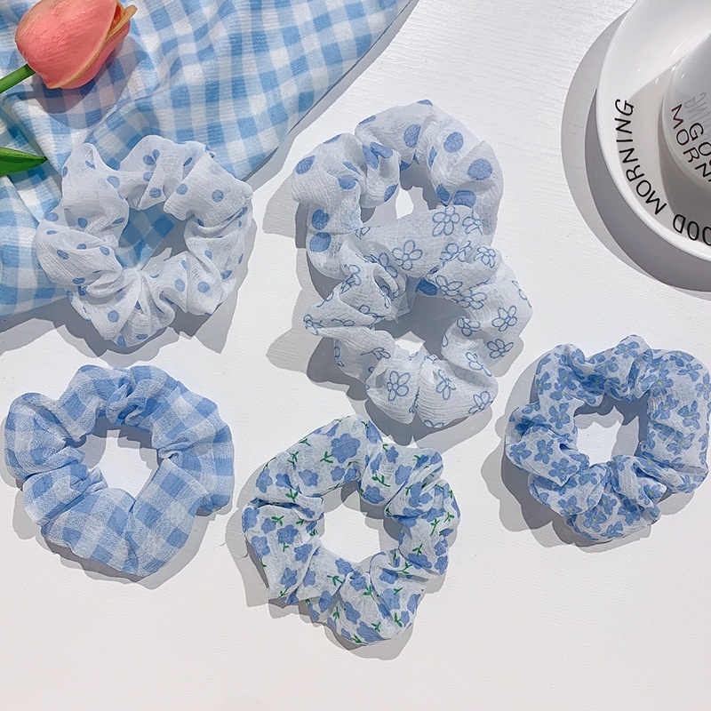 Dây Cột Tóc Họa Tiết Chấm Bi / Hoa Màu Xanh Dương / Trắng Xinh Xắn Thời Trang