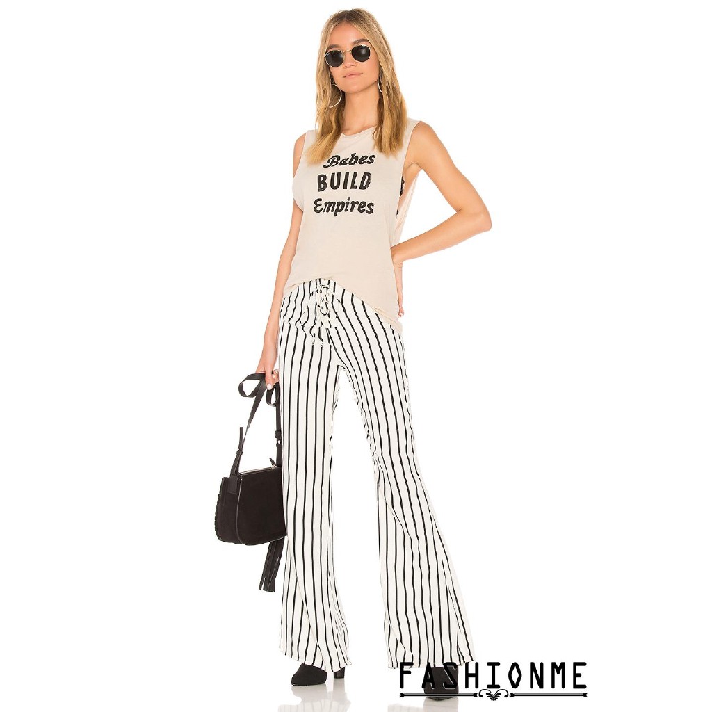 ღ𝓂ℰWomen Palazzo Pants Stripe High Waist Casual Wear Wide Leg Holiday Loose Trouser | BigBuy360 - bigbuy360.vn