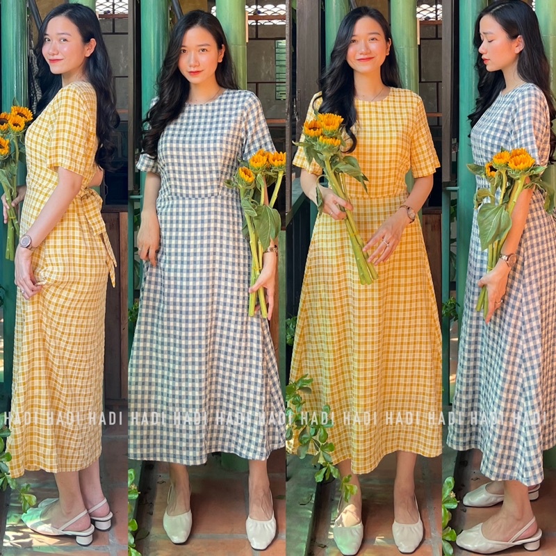 Đầm caro thắt eo dáng middi vitage dễ thương - Lâm
