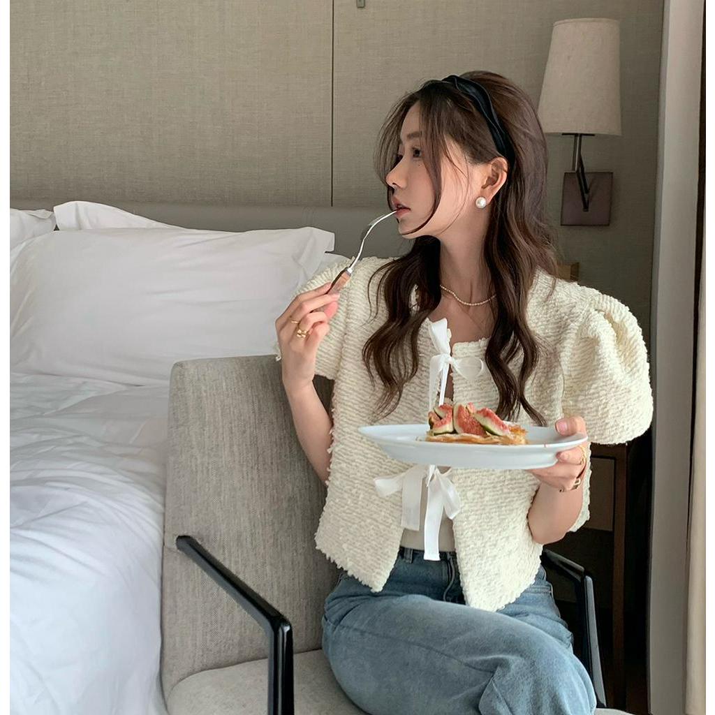 Áo Khoác Cardigan Tay Phồng Dáng Ngắn Phong Cách Retro Dễ Thương 53260
