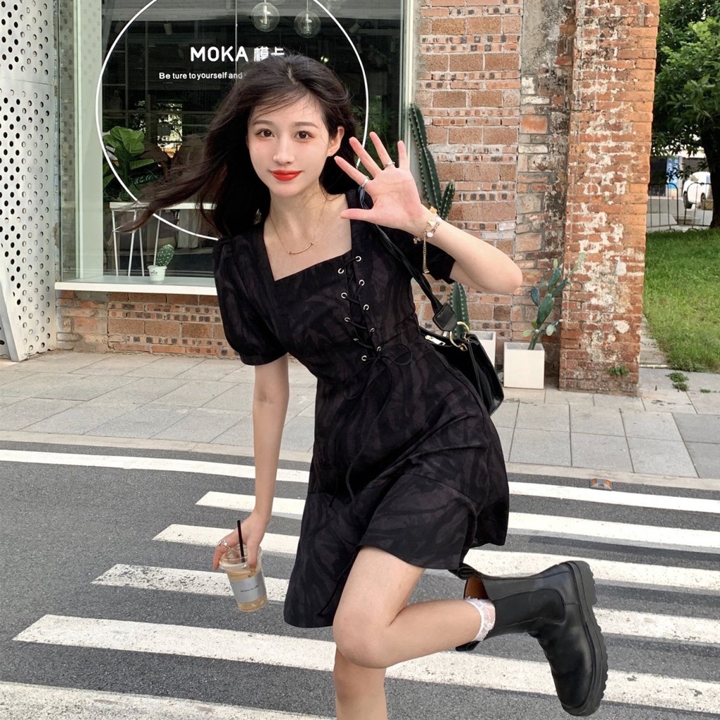 Đầm Tay Phồng Cổ Vuông Phong Cách Hepburn Hàn Quốc Thời Trang 2022 Mới