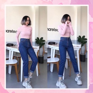 Quần Baggy Jean Xanh Đậm Trơn S ắn Lai Size 26-35 - Lưng Cao - Form Thường - Bigsize 30-35 - Không Co Giãn