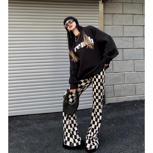 ✼Quần Dài Lưng Cao Ống Rộng Họa Tiết Sọc Caro Phong Cách Hàn Quốc Thời Trang Cho Nữ