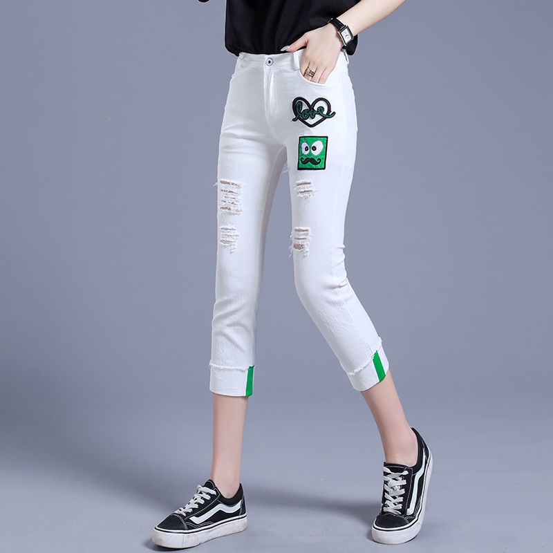Quần jeans Lửng 7 Tấc Lưng Cao Rách Gối Thời Trang Mùa Hè Cho Nữ