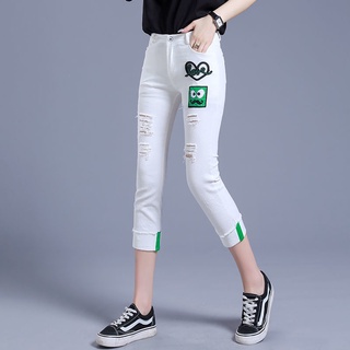  Quần jeans Lửng 7 Tấc Lưng Cao Rách Gối Thời Trang Mùa Hè Cho Nữ 