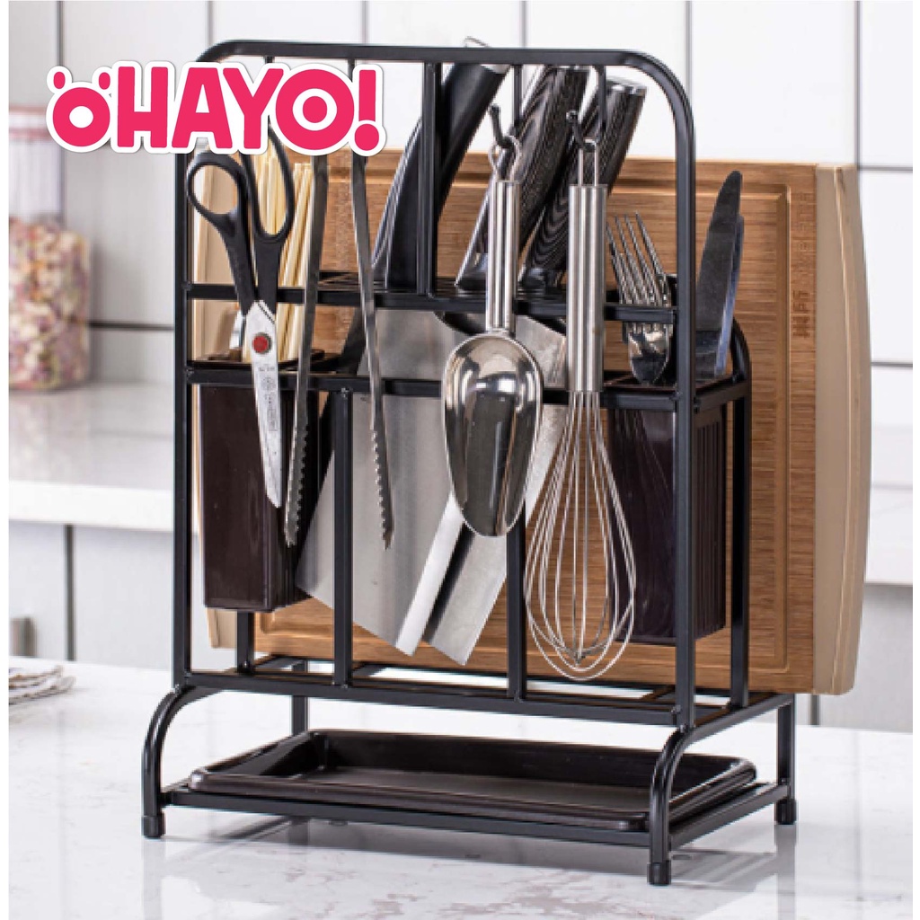 Kệ đựng dao thớt nhà bếp Inox không gỉ sơn tĩnh điện 3 trong 1, khay hứng nước, kệ cắm dao, ống đựng đũa OHAYO No.2164