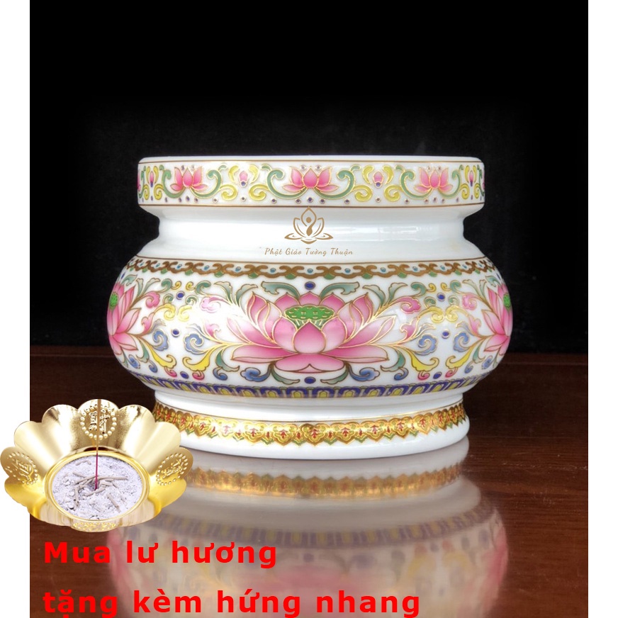 Bộ Thờ Cúng Lư 2018 Họa Tiết Hoa Văn Sen Hồng Bằng Sứ Cao Cấp - Phật Giáo Tường Thuận