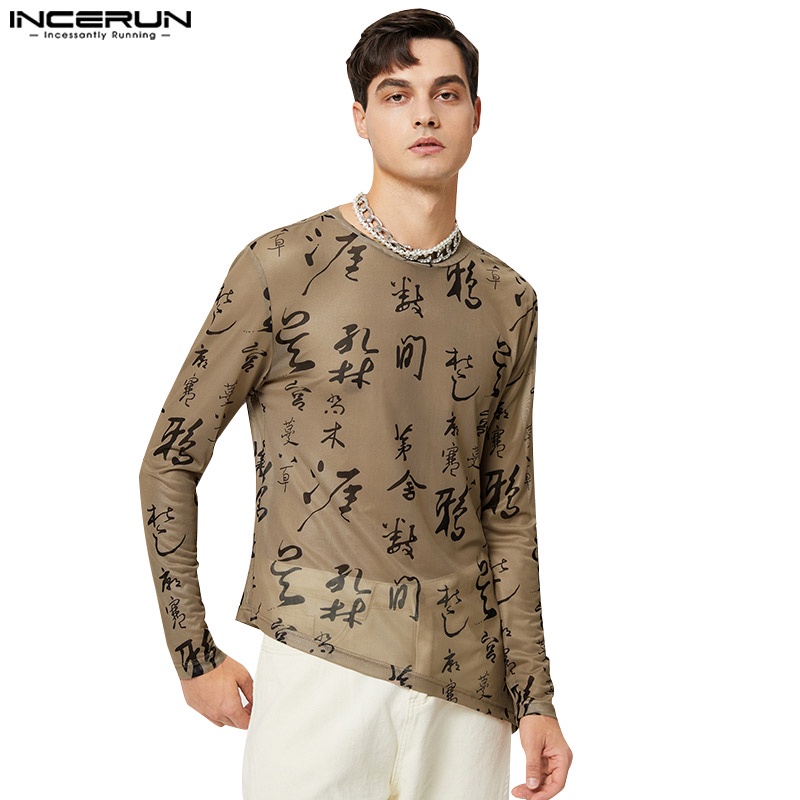 Áo thun INCERUN tay dài phối lưới phong cách Trung Hoa cho nam