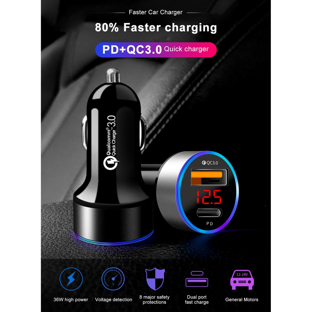 Tẩu sạc nhanh PECHAM Qc3.0 36W PD USB màn hình LCD ổcng Type-C thích hợp cho iPhone Huawei Xiaomi
