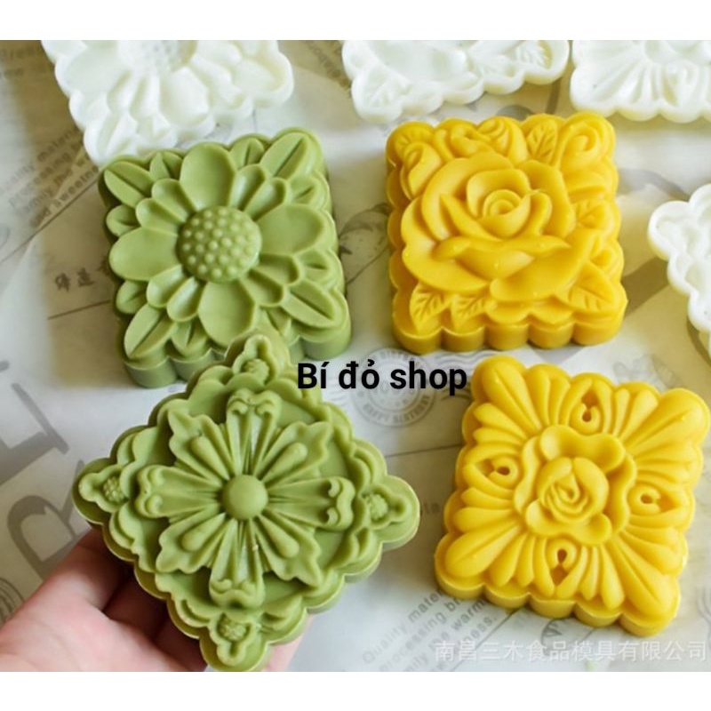 Bộ khuôn trung thu 2022 lò xo VUÔNG HỒNG CÚC 4 mặt 1 nhấn 150g, 200g