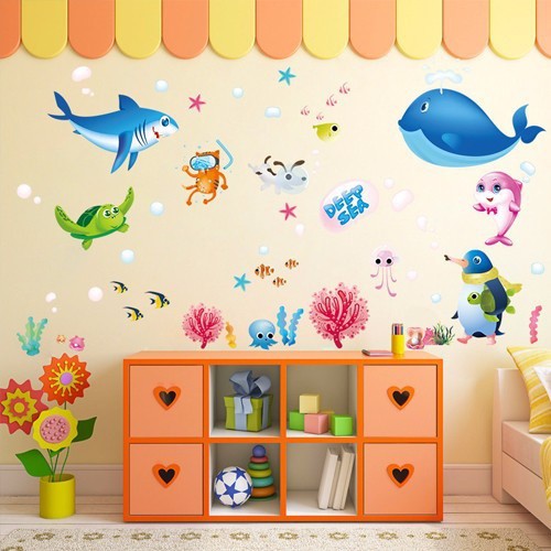 Tranh dán tường cho bé, đề can dán tường cho bé, hình dán sticker cá cho bé trang trí phòng học