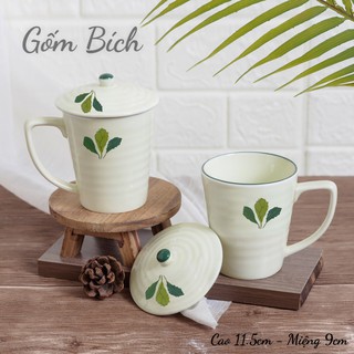 Cốc Sứ Uống Nước Kèm Nắp Đậy Men Kem Vẽ Hoa - Gốm Sứ Bát Tràng