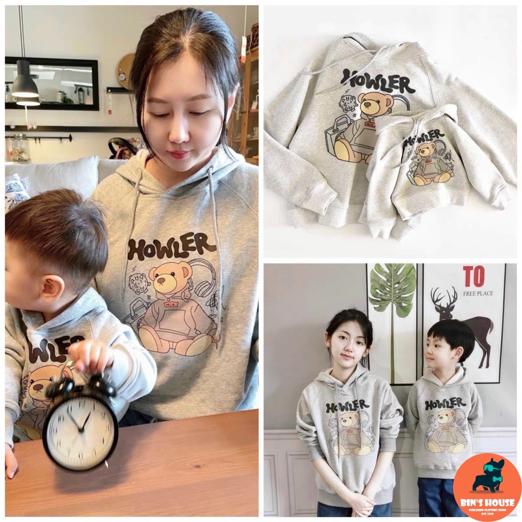 Áo đôi mẹ bé hoodie nỉ bông xám hình gấu BINSHOUSE | BigBuy360 - bigbuy360.vn