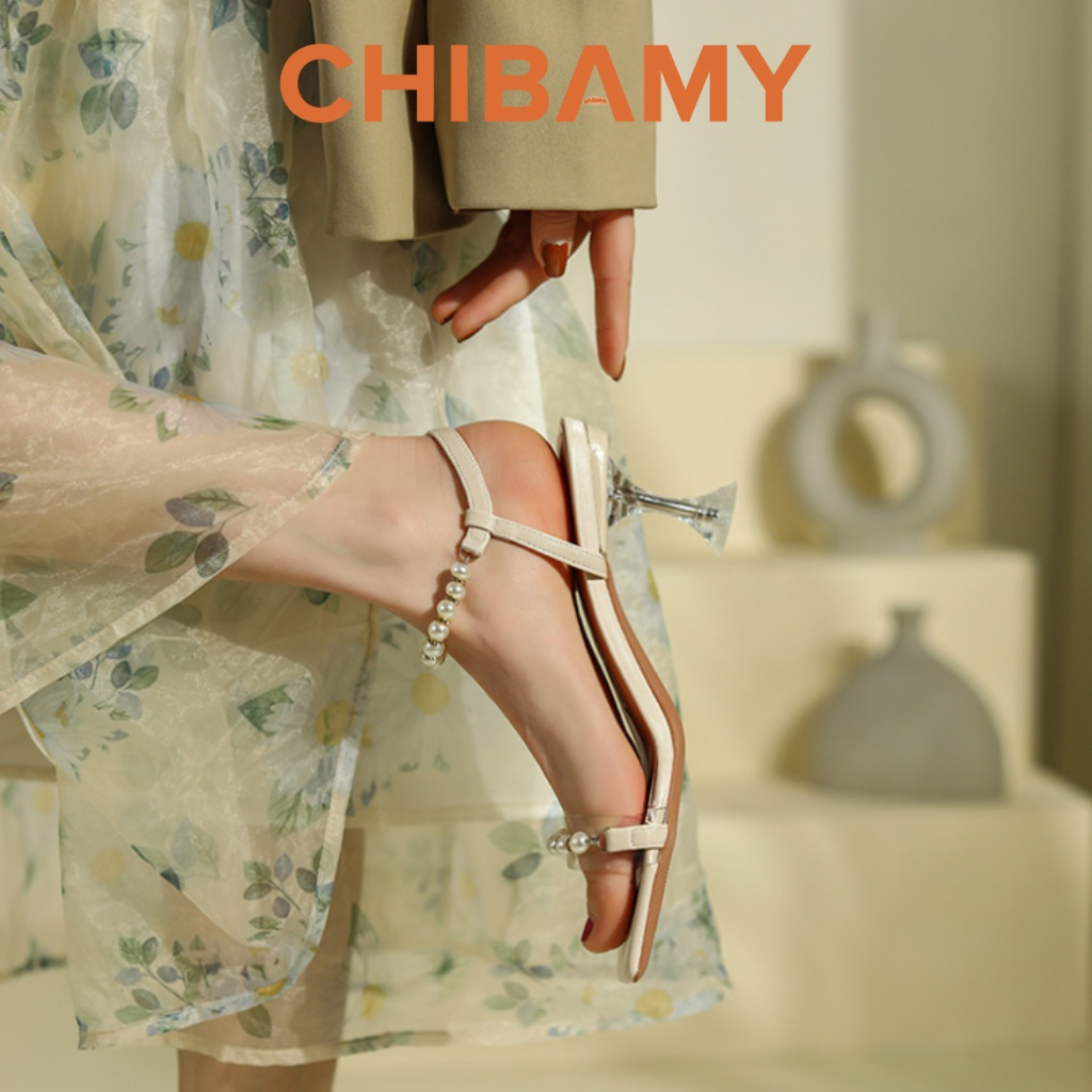 Giày sandal cao gót nữ quai Cườm gót mảnh cao 7cm CHIBAMY