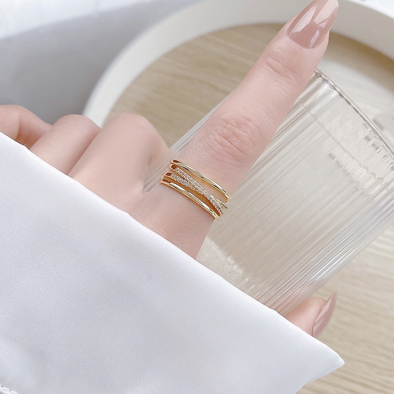 Nhẫn Hở Đính Đá Zircon Hai Lớp Mạ Vàng Thật 14K Có Thể Điều Chỉnh