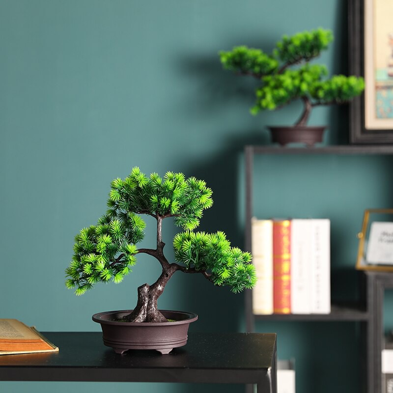 Chậu cây cảnh giả, cây thông bonsai xanh mát giống thật trang trí bàn, kệ tủ, tiểu cảnh Anzzar-02