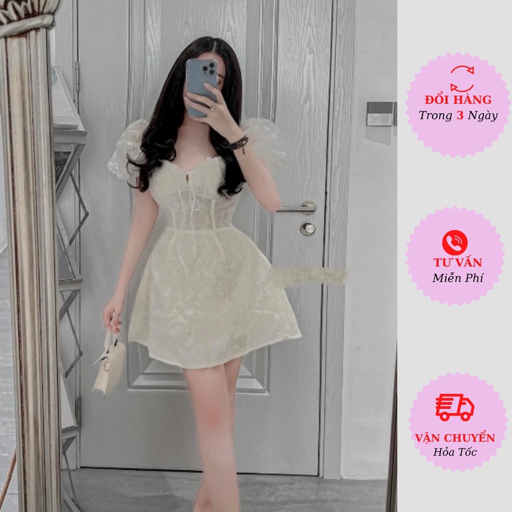 Váy hoa nhí nữ cúp ngực tay bồng thắt nơ dáng ngắn xòe tiểu thư đi tiệc cưới Hàn Quốc