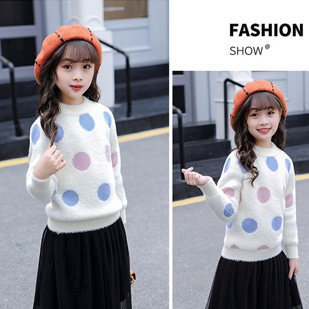 Áo len lông họa tiết chấm tròn bé gái lớn size 16-45kg (HÀNG QCCC) AL13