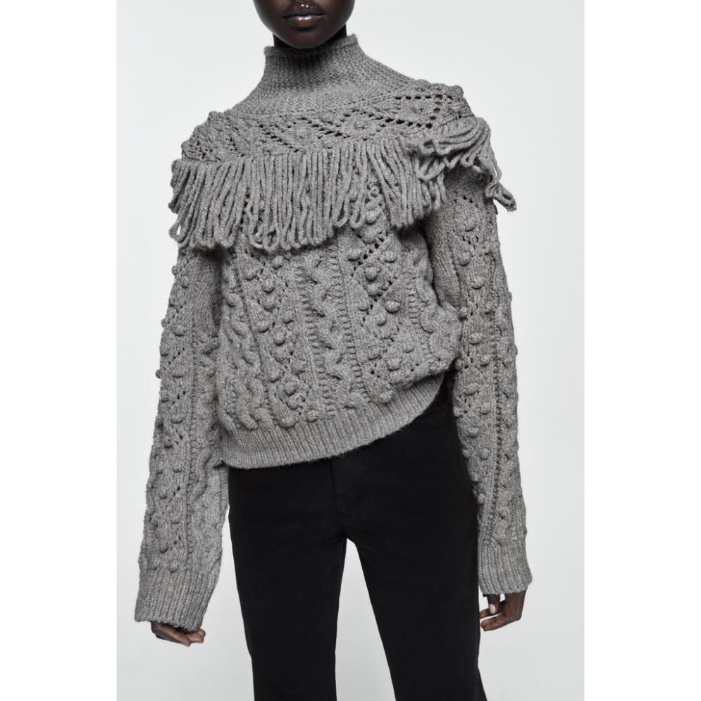 Zara Morocco full tag - Áo len Zara ghi rua rua AT01LRG70N9 New