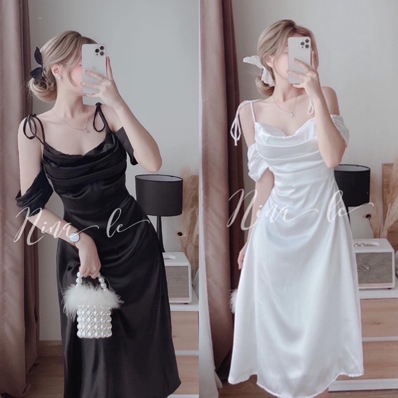 ĐẦM TRẮNG 2 DÂY RỚT VAI CỔ ĐỔ TAY XẾP