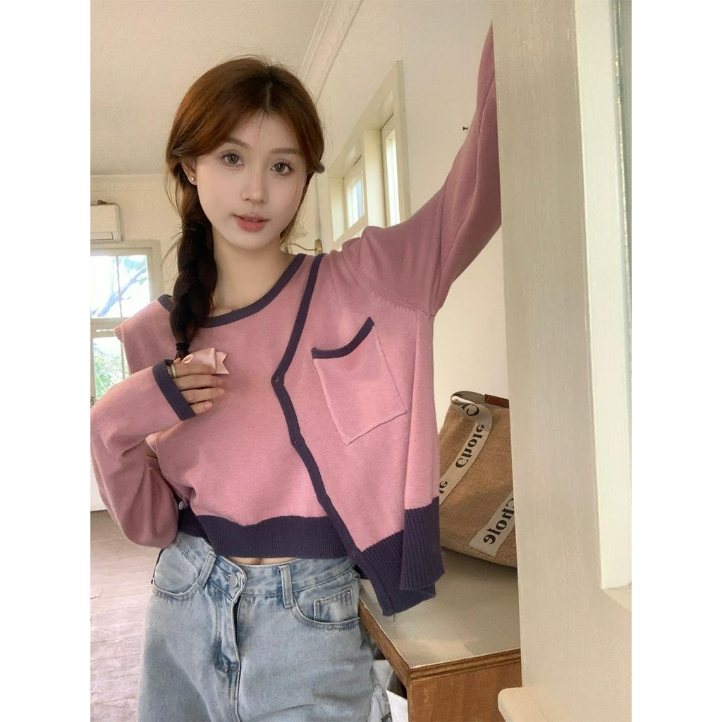 ZHELIHANGFEI Bộ Áo Khoác Cardigan Dệt Kim Tay Dài Màu Sắc Tương Phản Phong Cách Hàn Quốc Thời Trang Cho Nữ