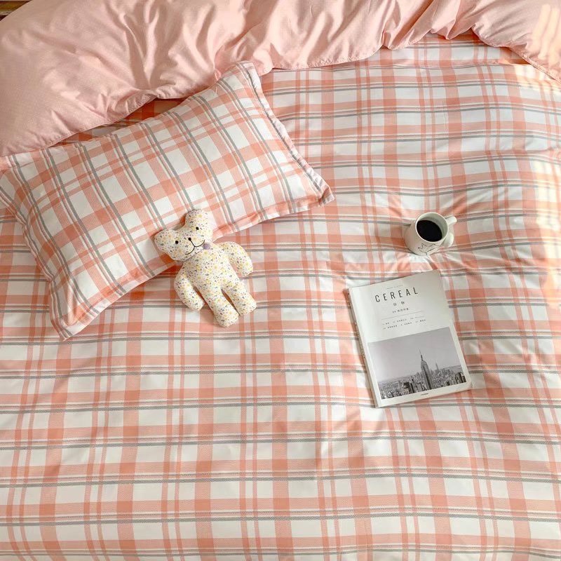 ☀Bộ Chăn Ga Gối⚡Cotton mịn poly kẻ hồng nhẹ nhàng nữ tính tông màu ấm áp tặng kèm vỏ gối ôm cùng bộ