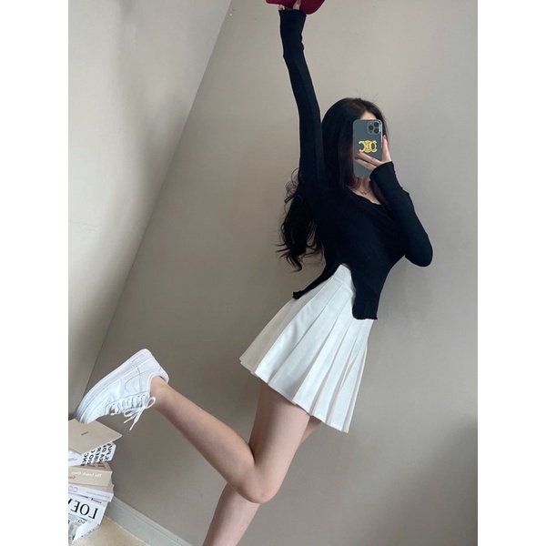 Áo chất tăm xẻ vạt tay dài 3 màu cá tính form ôm | BigBuy360 - bigbuy360.vn