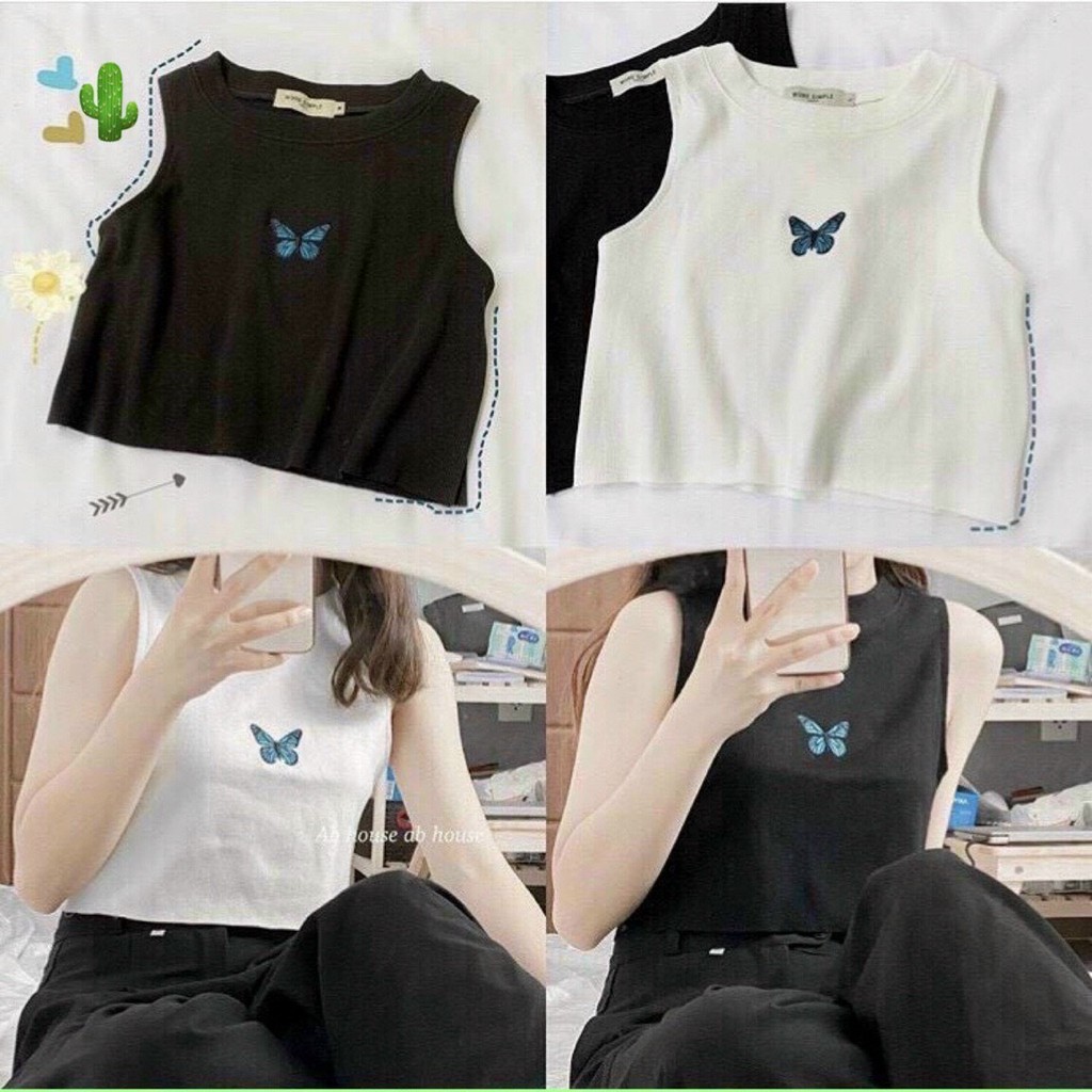 Áo croptop 3 lỗ thêu bướm thời trang dễ kết hợp chân váy quần cộc dễ thương TTPK0025
