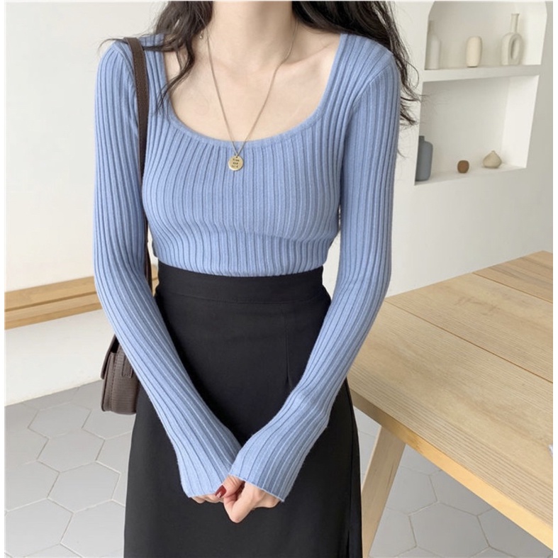 MS343 Áo len gân nữ cổ vuông thu đông