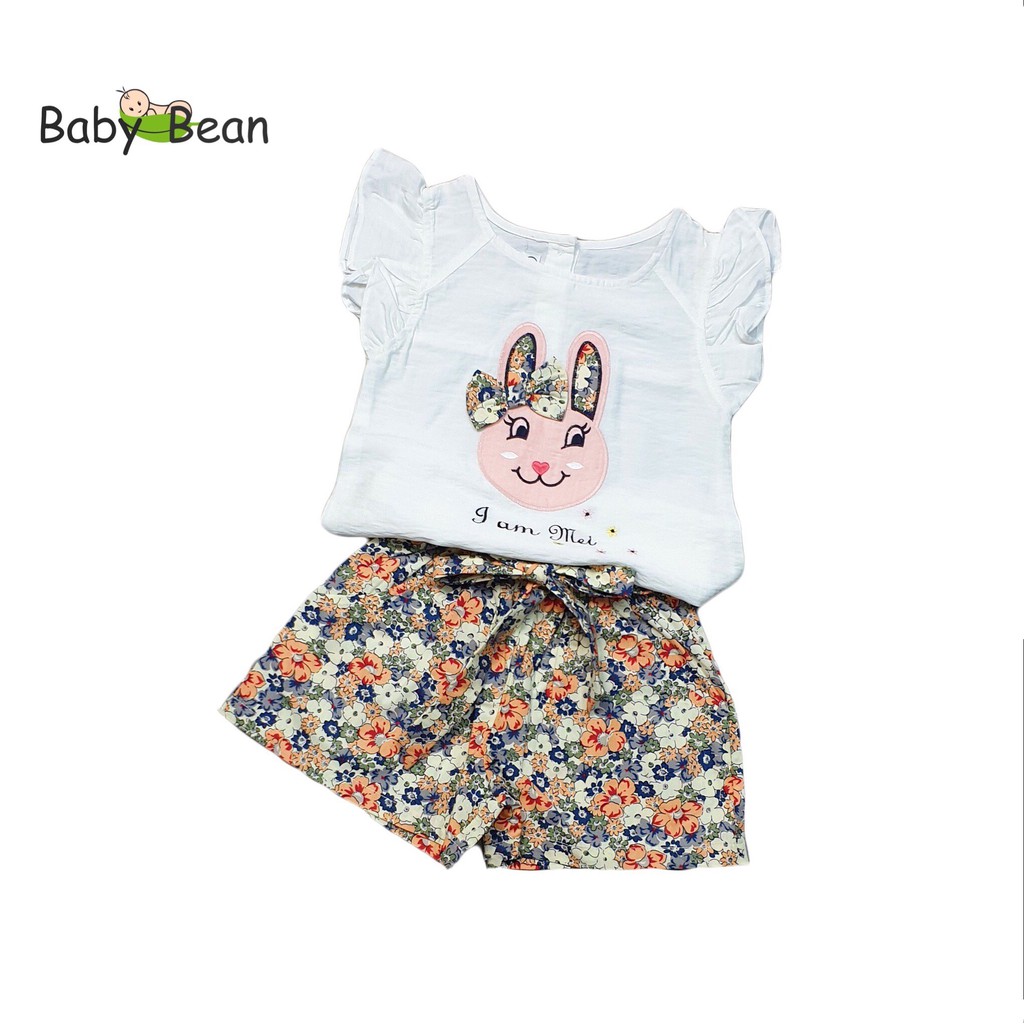 [MÃ THƯƠNG HIỆU YÊU THÍCH Voucher giảm 10%] Bộ Đồ Đũi Áo Thêu Thỏ Quần Short Hoa Thắt Nơ Bé Gái BabyBean