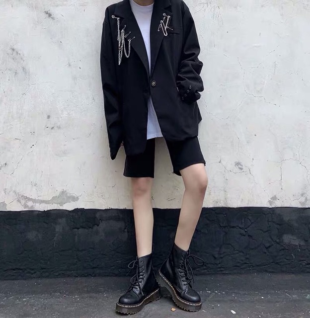Áo blazer đen oversize form rộng kèm phụ kiện chuỗi + ghim băng unisex Ulzzang siêu chất ❤️