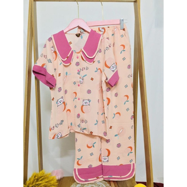 Bộ pijama lụa mango cổ 2 lá viền 2CE