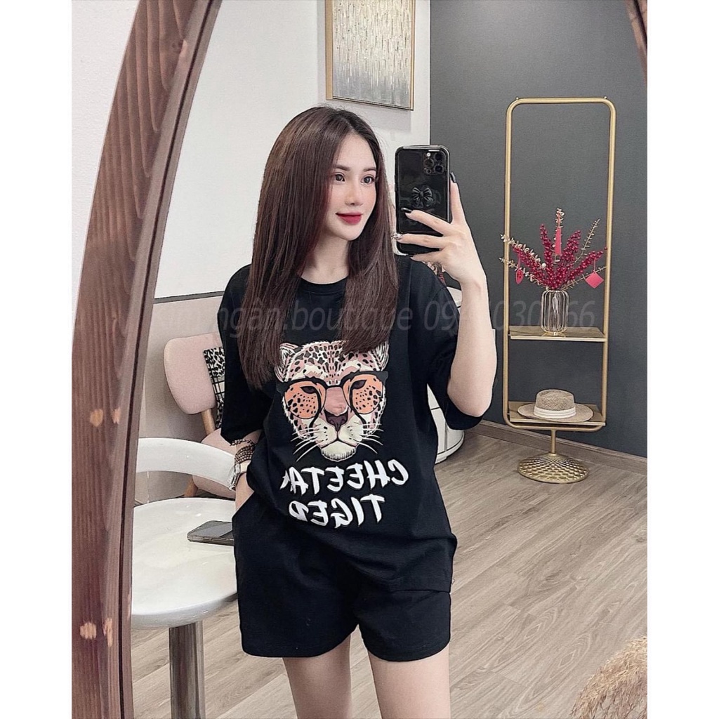 Bộ thun in đầu báo cheetal đeo kính 3d form rộng - Set quần short đùi kèm áo phông tay lỡ cá tính ulzzang