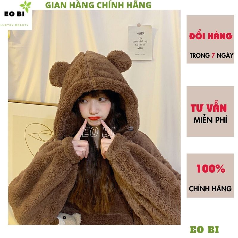 Bộ đồ mặc nhà lông gấu trơn 2 mầu nâu be ,bộ ngủ ấm áp vào mùa đông siêu cute dễ thương - EOBI