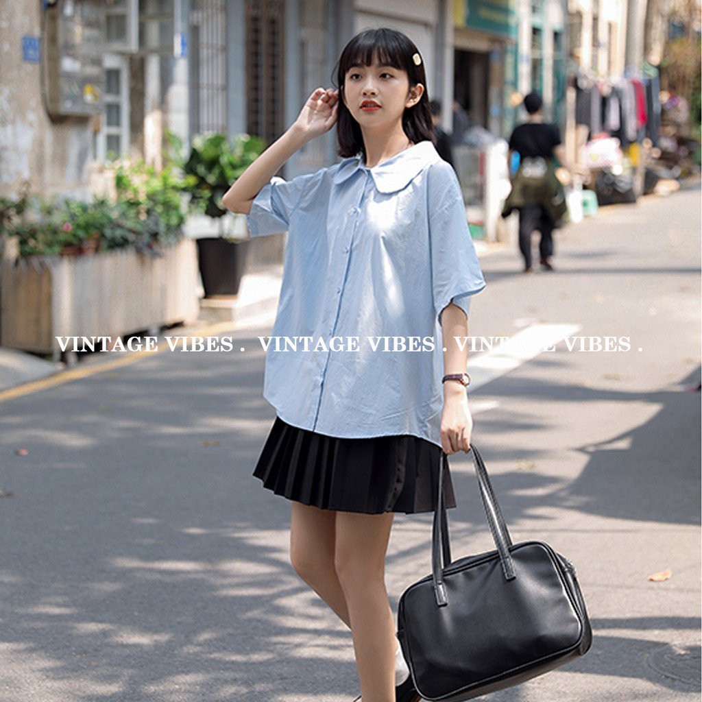 {KARUL} Áo sơ mi nữ ngắn tay cổ sen 2 màu xanh trắng HOTHIT. | BigBuy360 - bigbuy360.vn