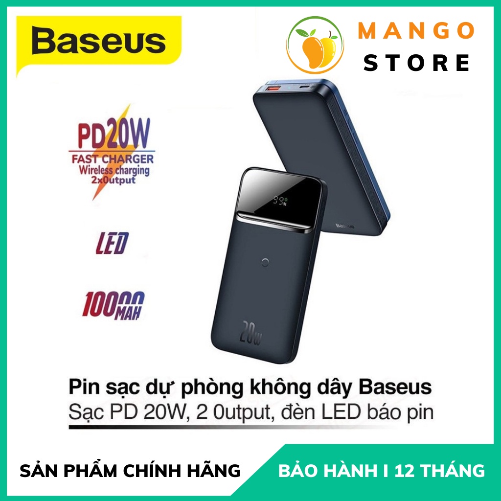 Sạc dự phòng Không Dây Baseus Dung Lượng 10.000mAh Sạc Nhanh 20w cho iPhone 12 Chính Hãng Baseus