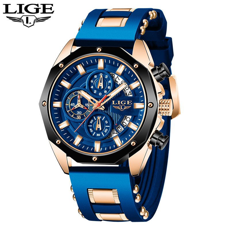 LIGE 2021 thời trang mới Đồng Hồ Nam chống nước Đồng hồ đeo tay thể thao silicon Với Lịch Chronograph Đồng hồ thạch anh + hộp