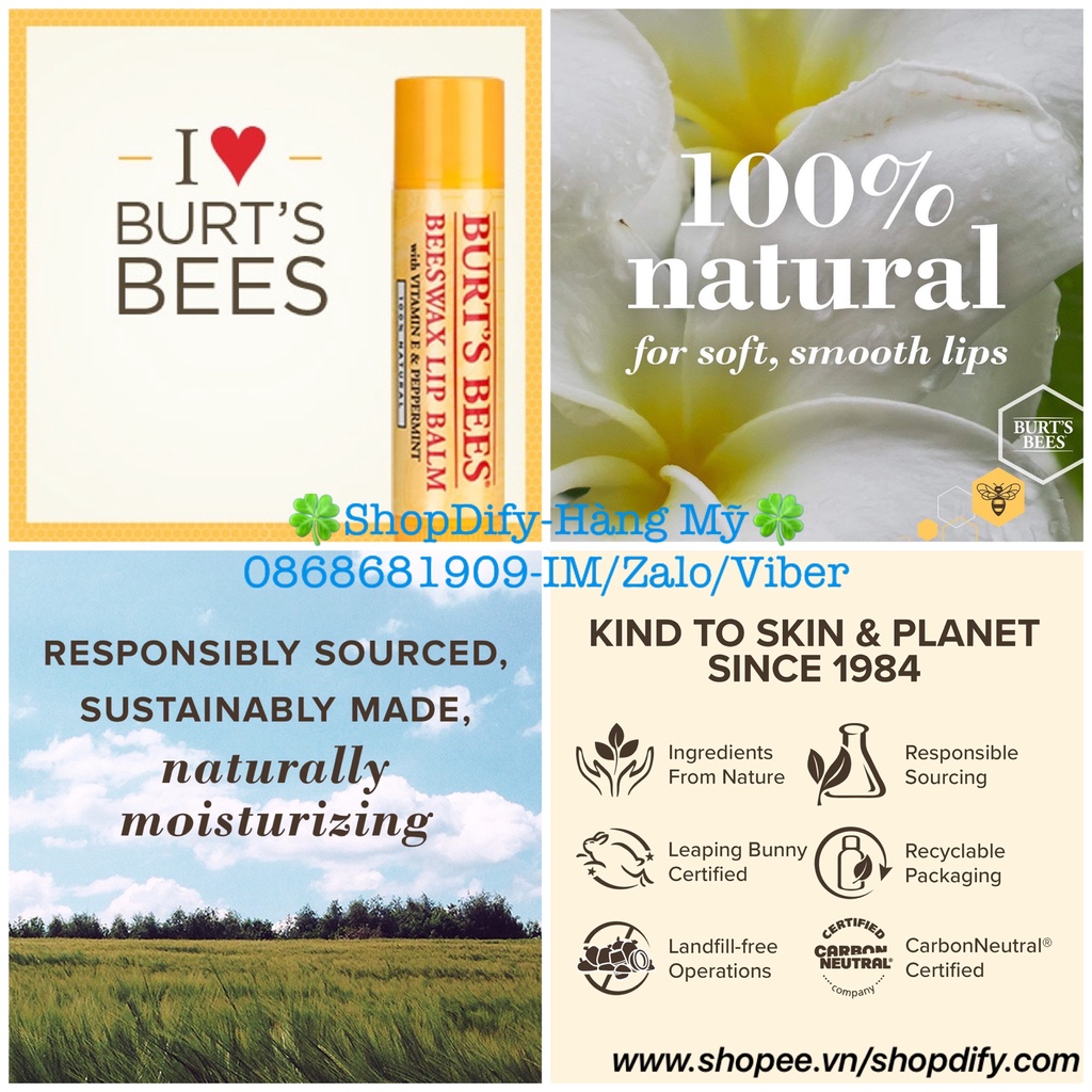 Burt Bee Son Dưỡng Môi Sáp Ong 100% Thiên Nhiên Burts Bees Lip Balm Hàng Mỹ ShopDify