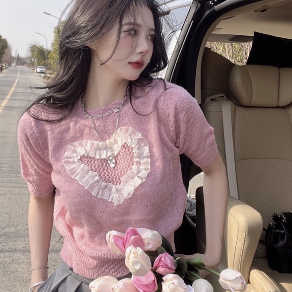 Áo dệt kim ZHELIHANGFEI tay ngắn dáng rộng thêu hình trái tim thiết kế khoét rỗng dành cho nữ