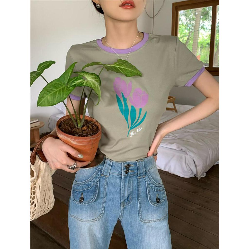 Áo Thun Ngắn Tay Dáng Ôm In Hoa Tulip Xinh Xắn 51543