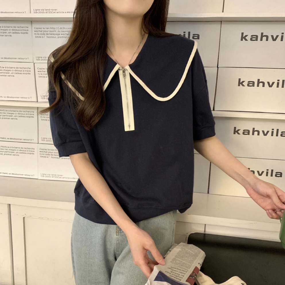 Áo Thun Ngắn Tay Dáng Rộng Cổ Bẻ Phong Cách Hàn Quốc 52183