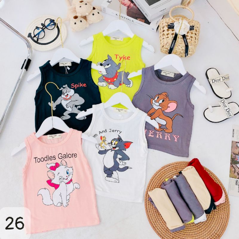 Bộ ba lỗ thun lạnh MINKY MOM chính hãng in hình hoạt hình Tom & Jerry dễ thương cho bé trai, bé gái