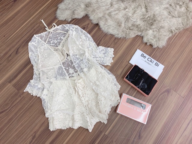 Set biển mới - set 3 món - áo bra kiểu giọt lệ + quần ren hoa + choàng ren hoa nhỏ